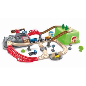 Juego de construcción ferroviaria con tren de madera – 50 piezas